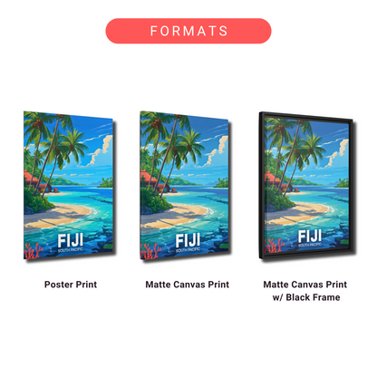three different formats of a tropical beach scene in Fiji, including a poster print, a matte canvas print, and a matte canvas print framed in a black frame.
