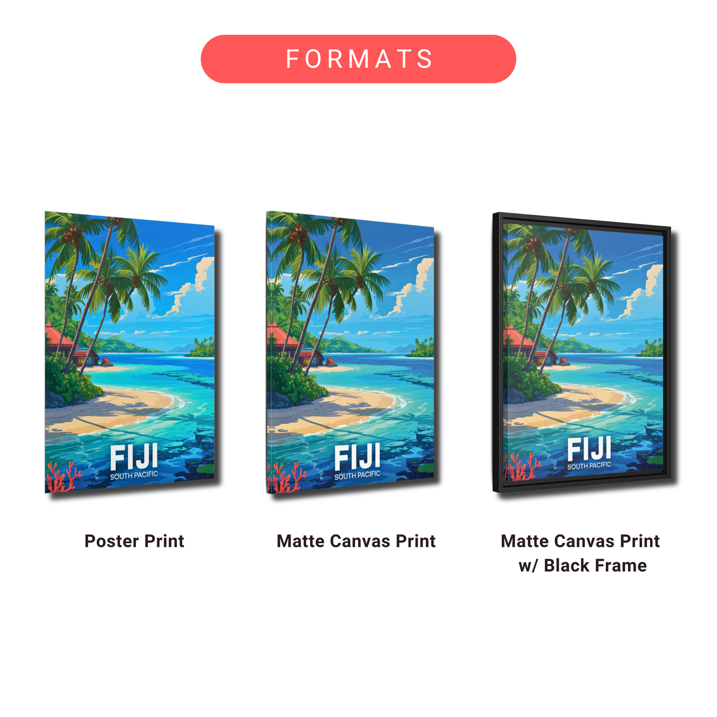 three different formats of a tropical beach scene in Fiji, including a poster print, a matte canvas print, and a matte canvas print framed in a black frame.