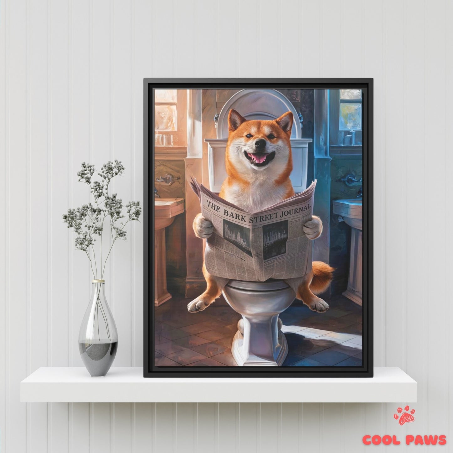 Shiba Inu Reading the Newspaper on the Toilet