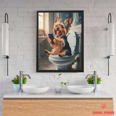 Yorkie on the Toilet with a Smartphone