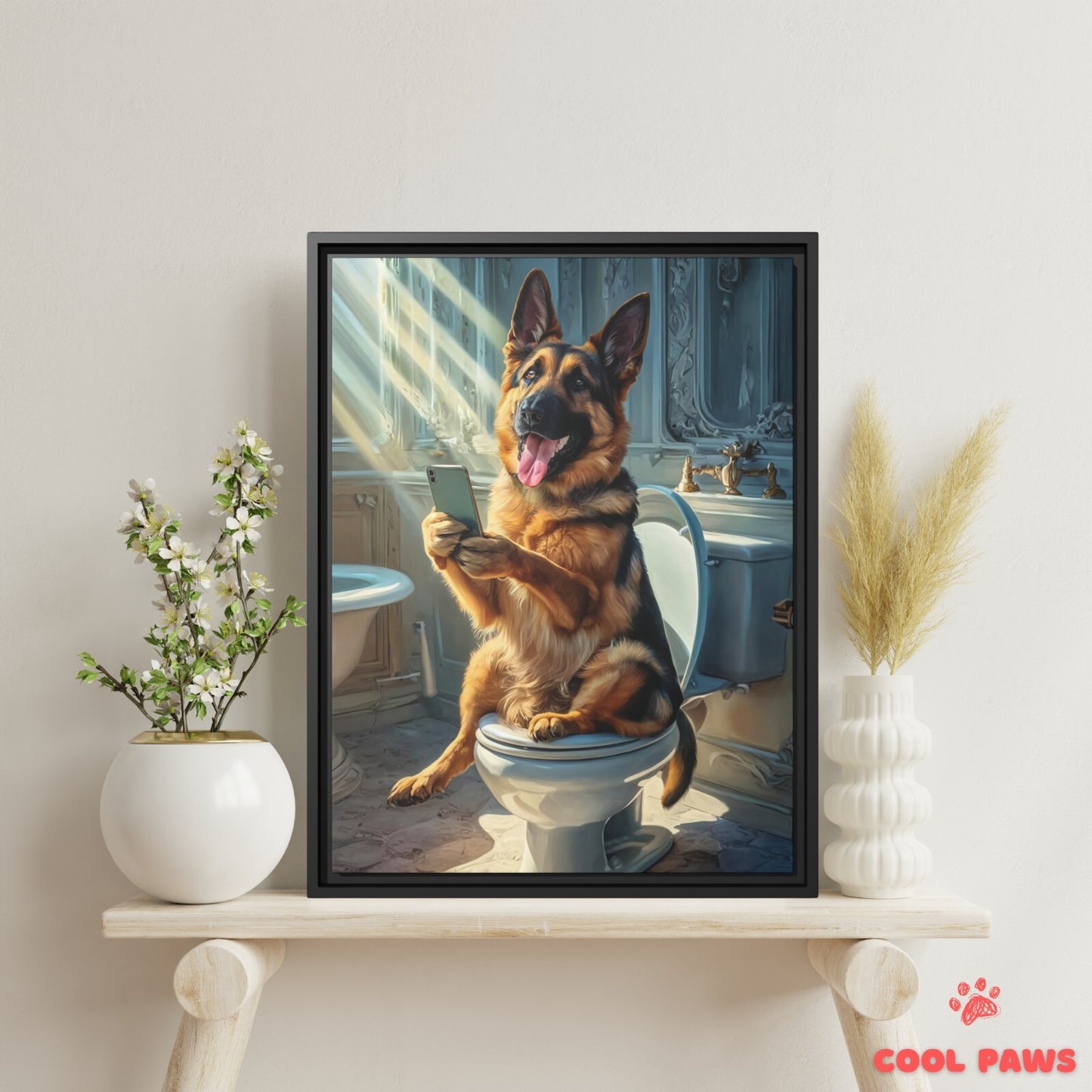 German Shepherd on the Toilet with a Smartphone