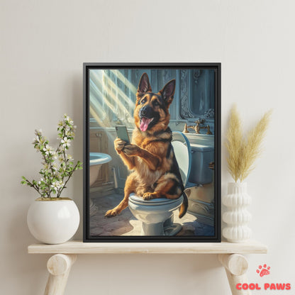 German Shepherd on the Toilet with a Smartphone