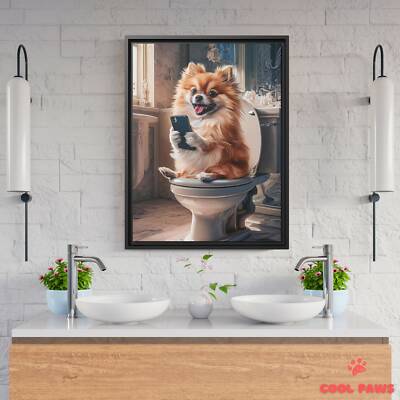 Pomeranian on the Toilet with a Smartphone