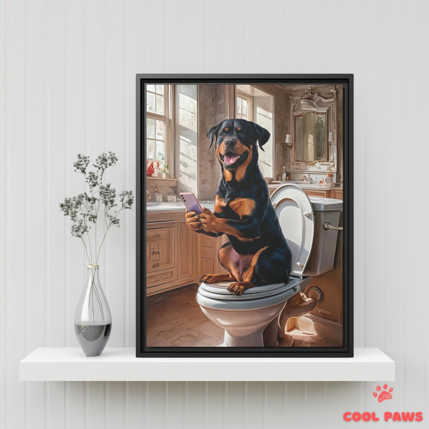 Rottweiler on the Toilet with a Smartphone