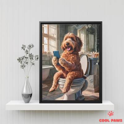 Goldendoodle (Dark) on the Toilet with a Smartphone