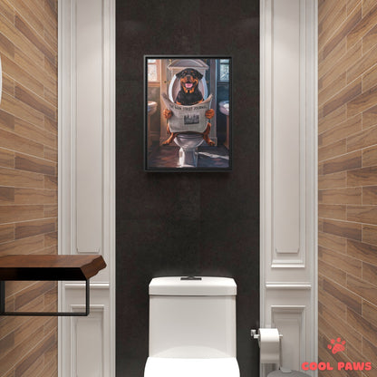 Rottweiler Reading the Newspaper on the Toilet