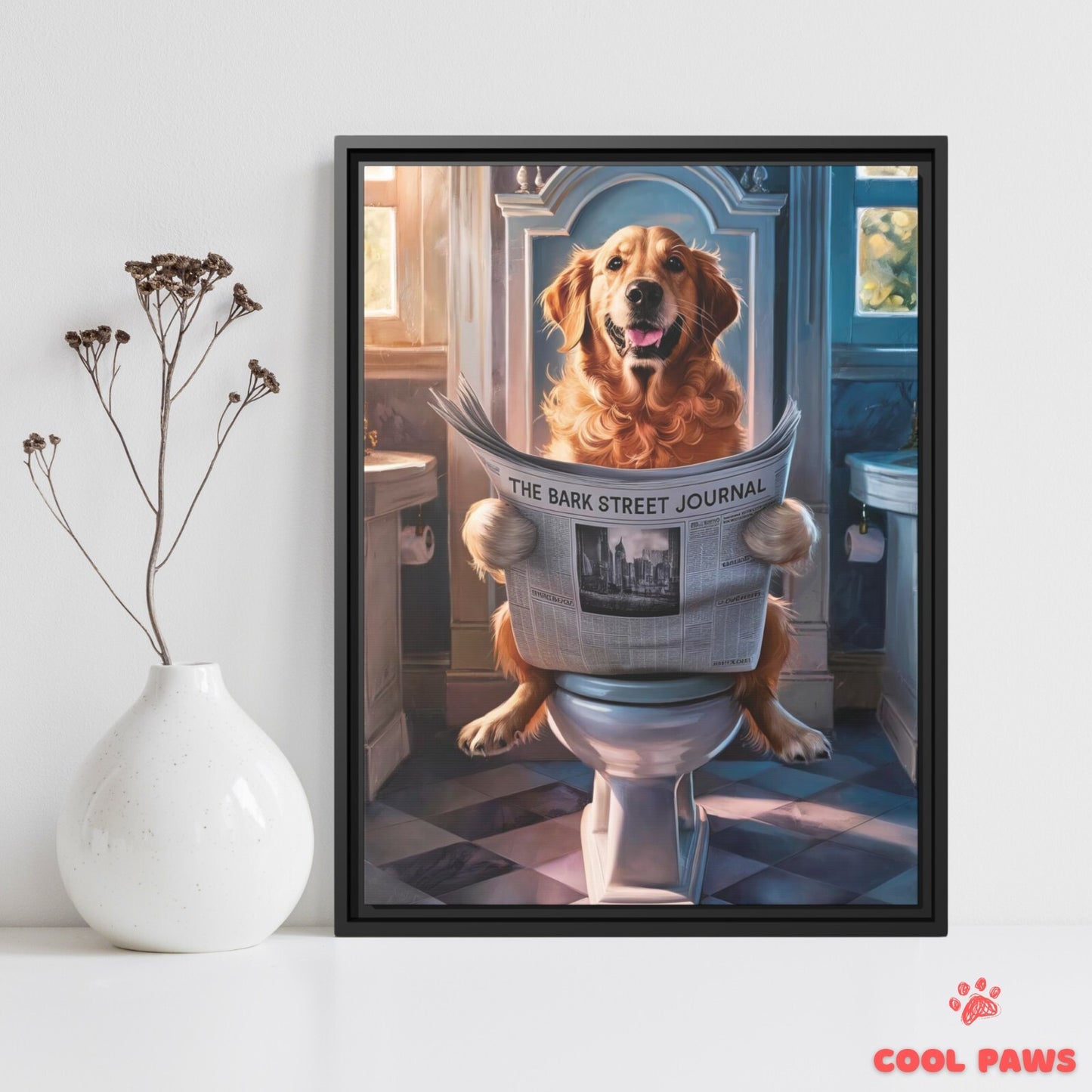 Golden Retriever Reading the Newspaper on the Toilet