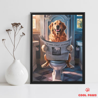 Golden Retriever Reading the Newspaper on the Toilet