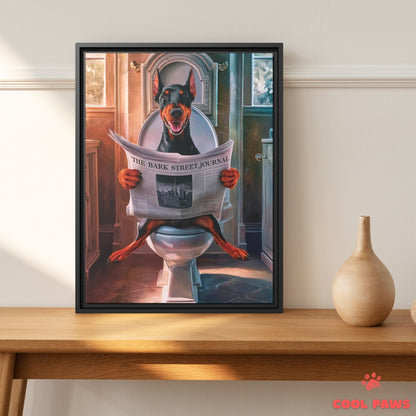 Doberman Reading the Newspaper on the Toilet