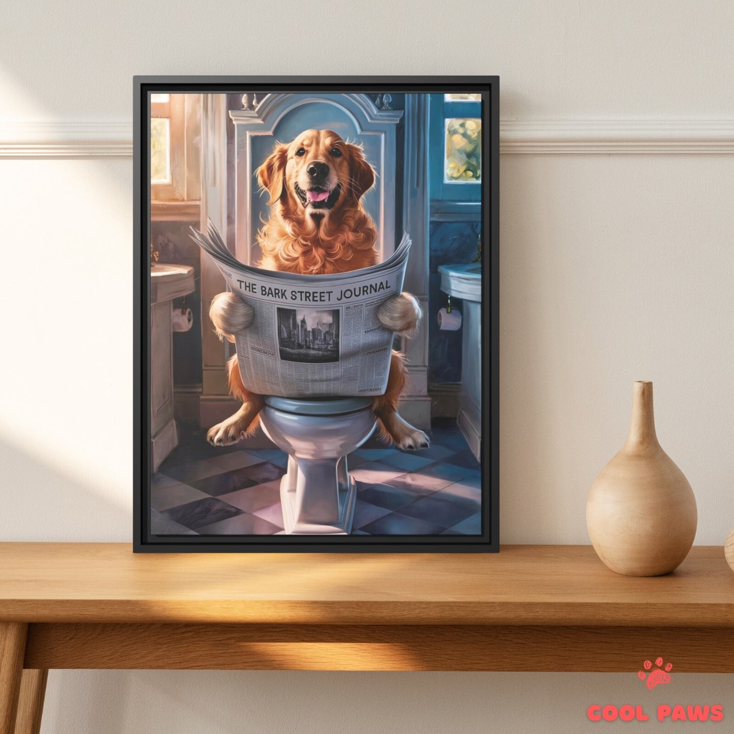 Golden Retriever Reading the Newspaper on the Toilet