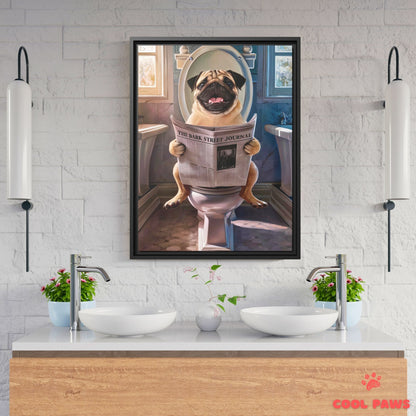 Pug Reading the Newspaper on the Toilet
