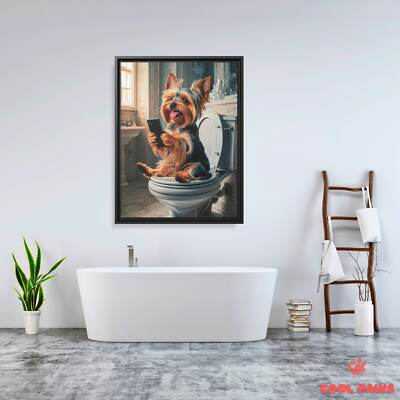 Yorkie on the Toilet with a Smartphone