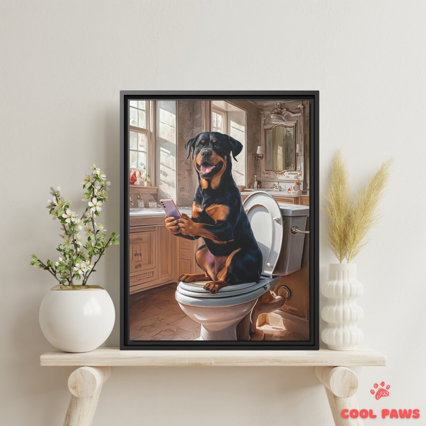 Rottweiler on the Toilet with a Smartphone