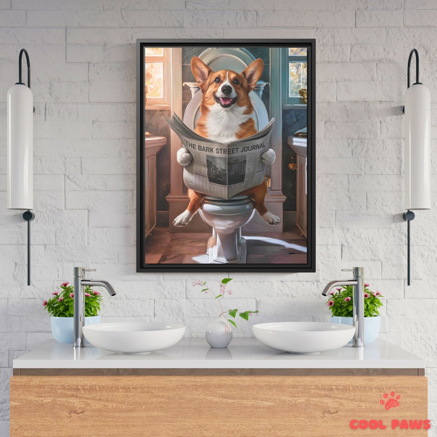 Corgi Reading the Newspaper on the Toilet