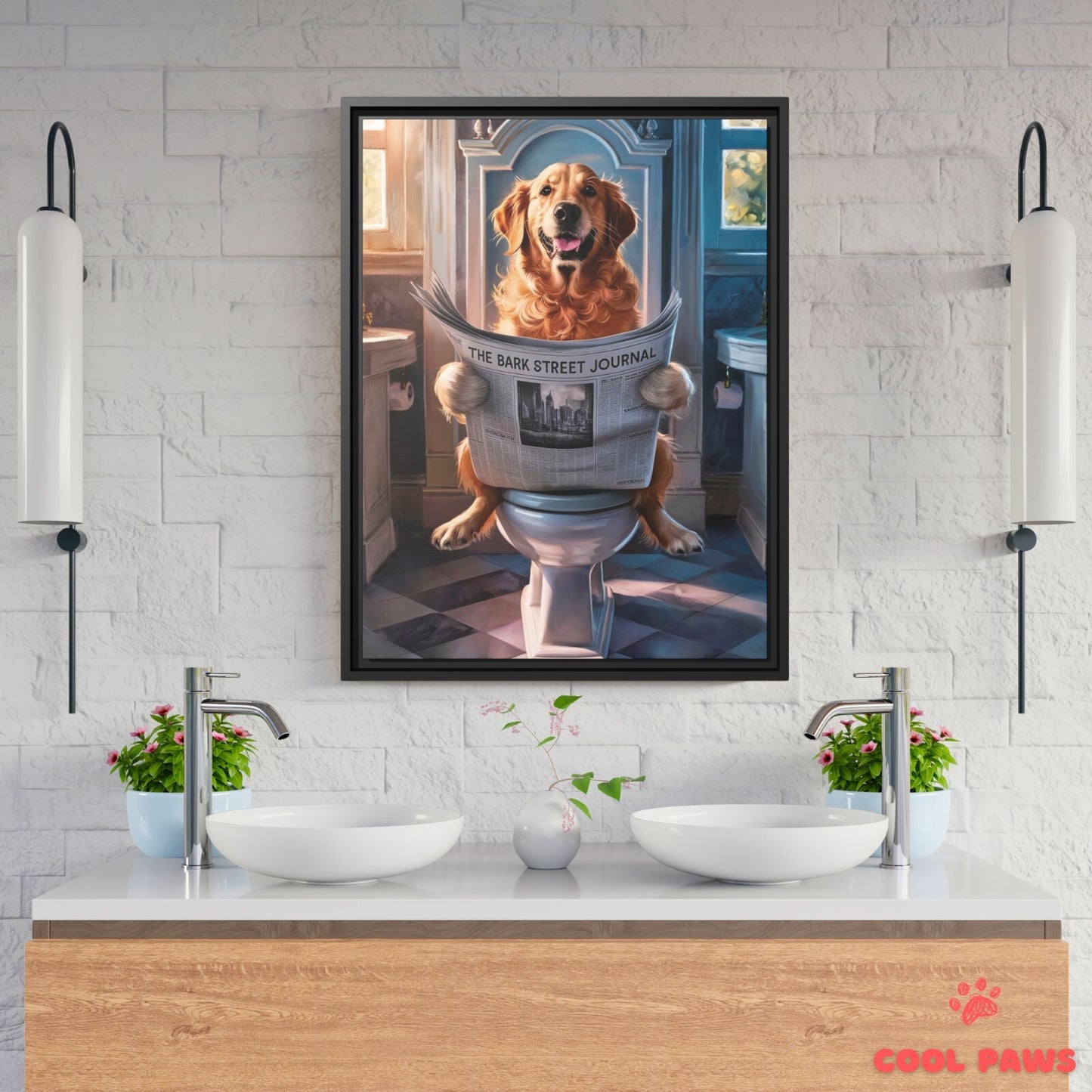 Golden Retriever Reading the Newspaper on the Toilet