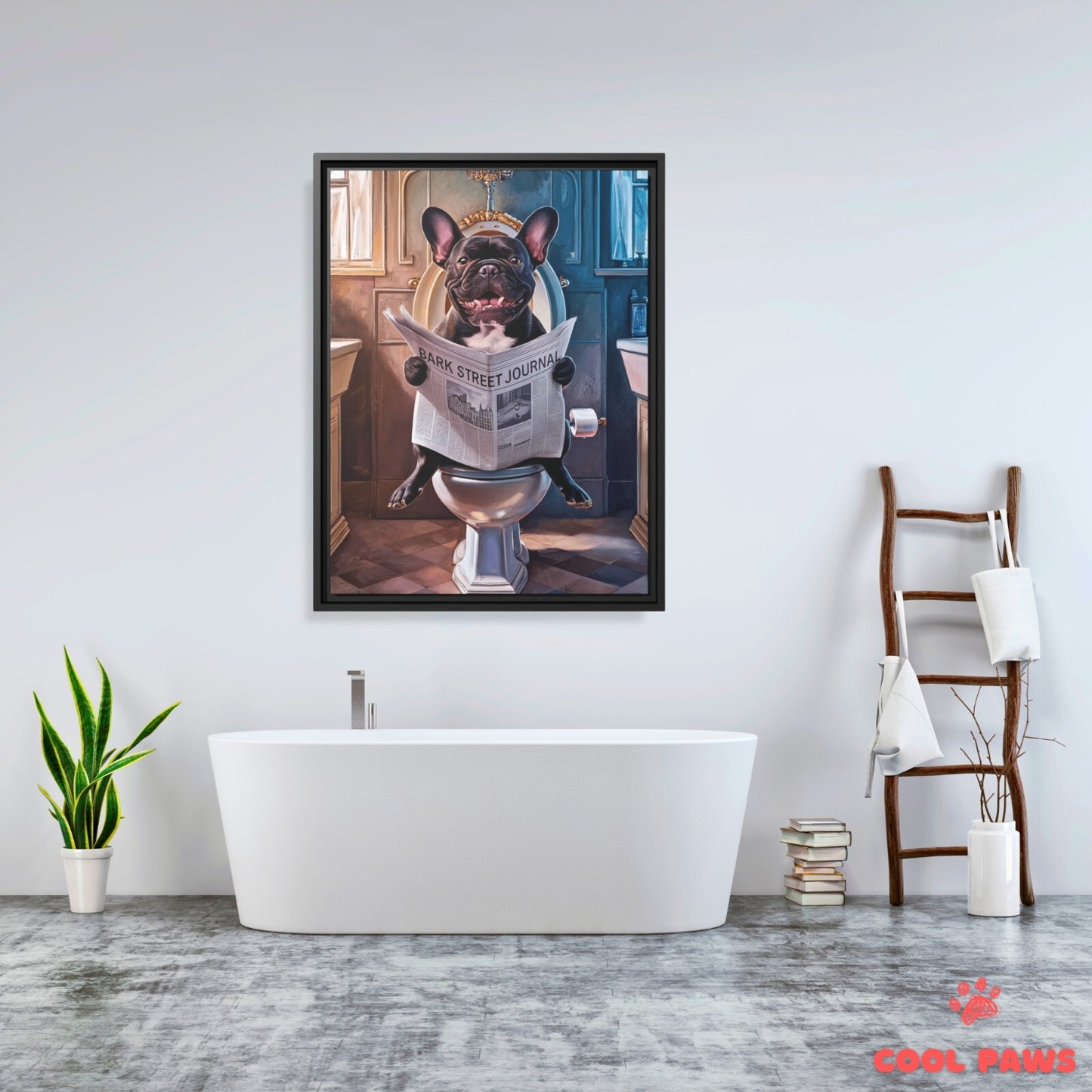 French Bulldog Reading the Newspaper on the Toilet