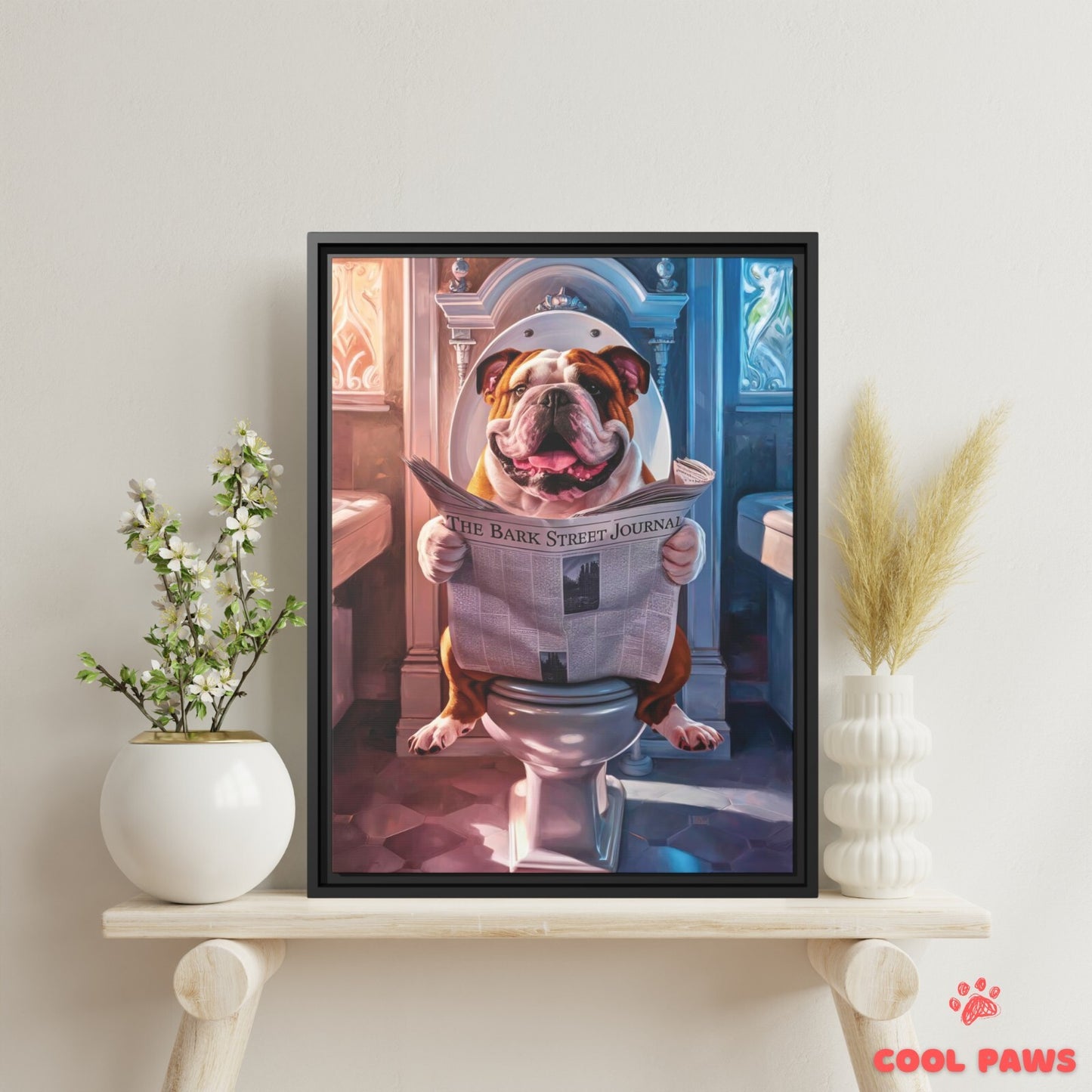 English Bulldog Reading the Newspaper on the Toilet