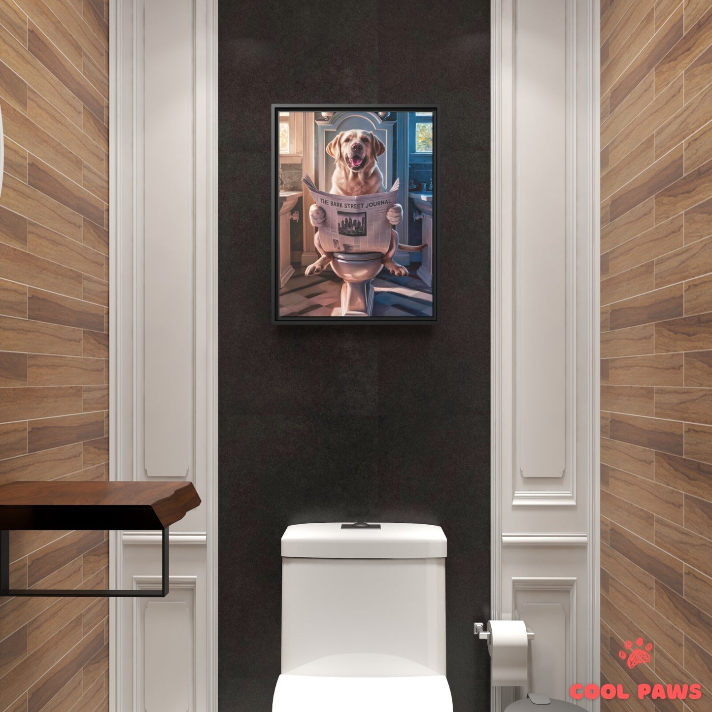 Labrador Retriever Reading the Newspaper on the Toilet