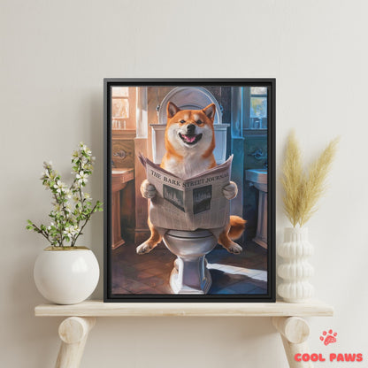 Shiba Inu Reading the Newspaper on the Toilet
