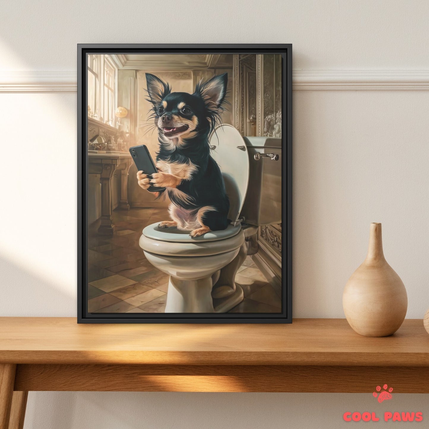 Chihuahua on the Toilet with a Smartphone