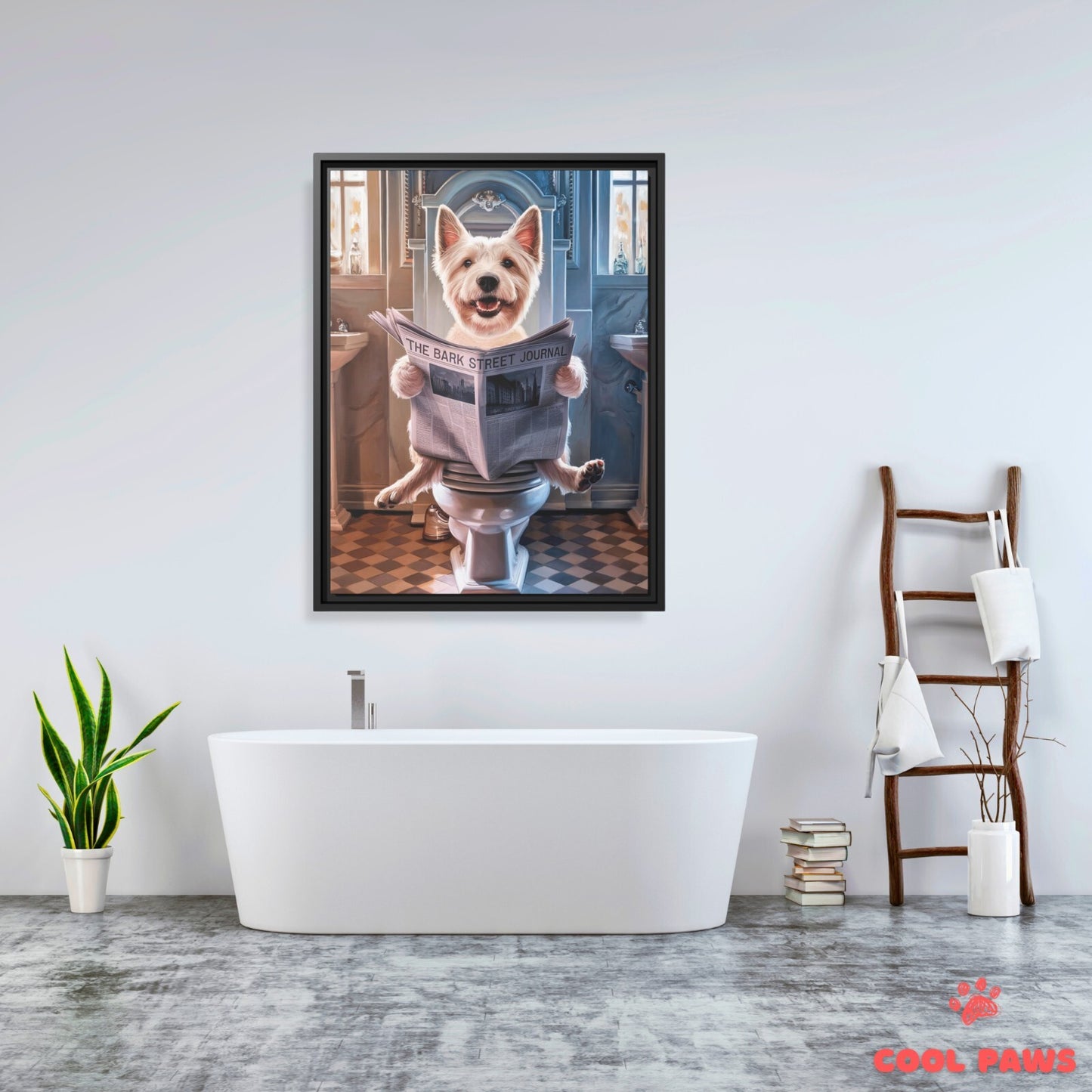 Westie Reading the Newspaper on the Toilet