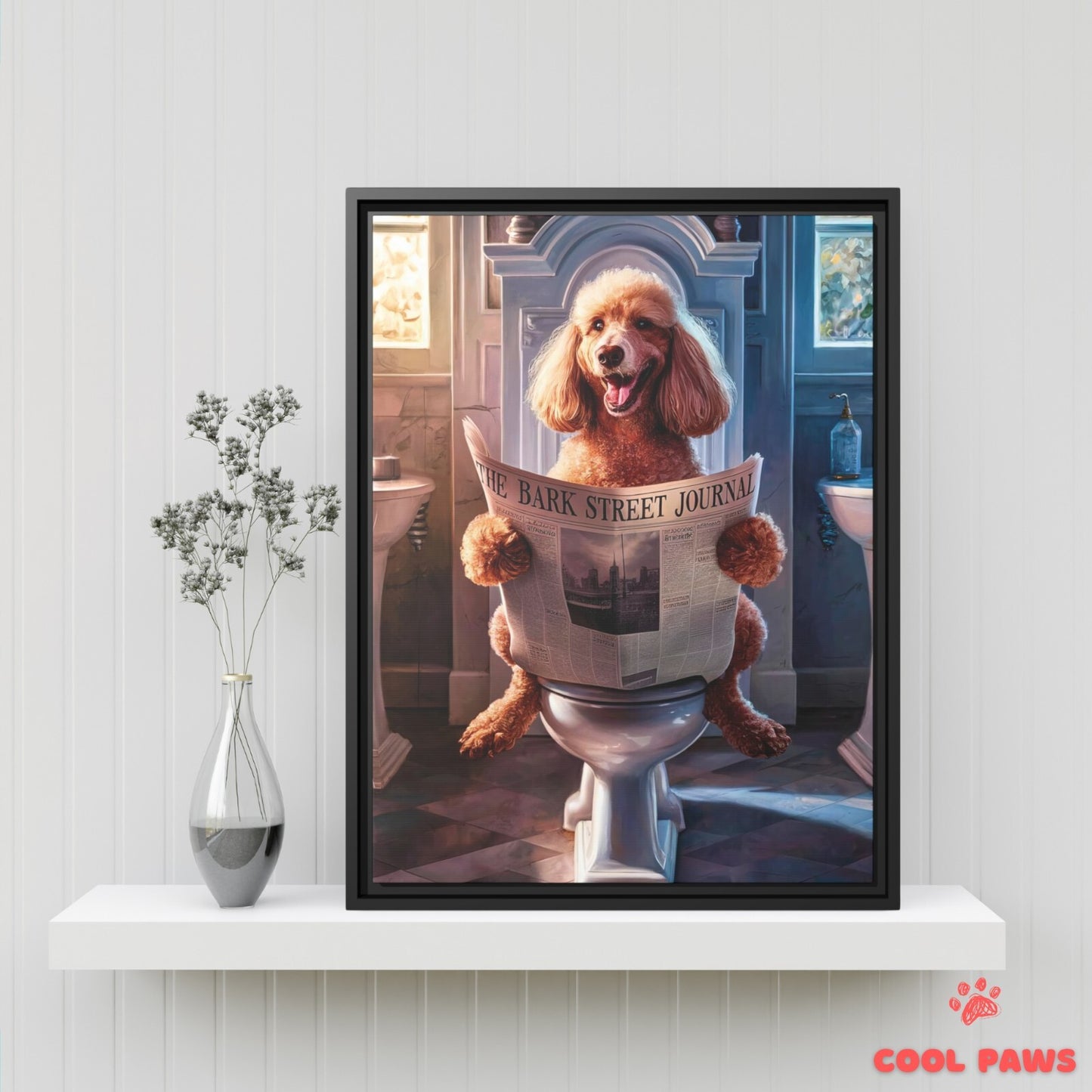 Poodle Reading the Newspaper on the Toilet