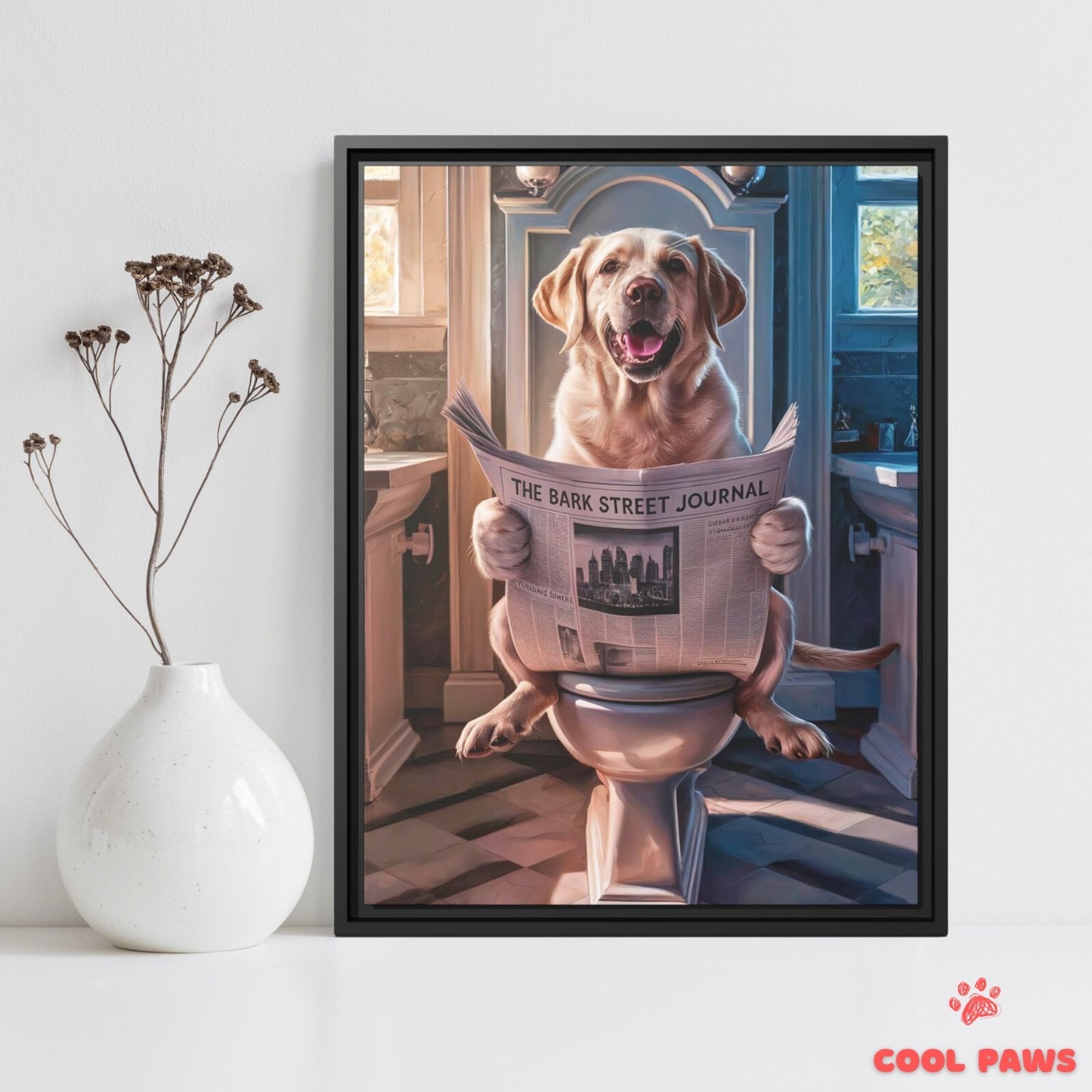 Labrador Retriever Reading the Newspaper on the Toilet