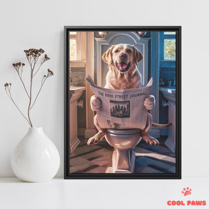 Labrador Retriever Reading the Newspaper on the Toilet