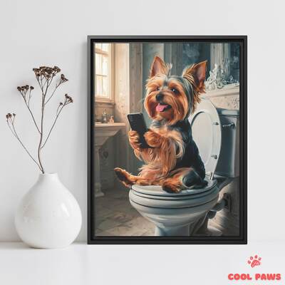 Yorkie on the Toilet with a Smartphone
