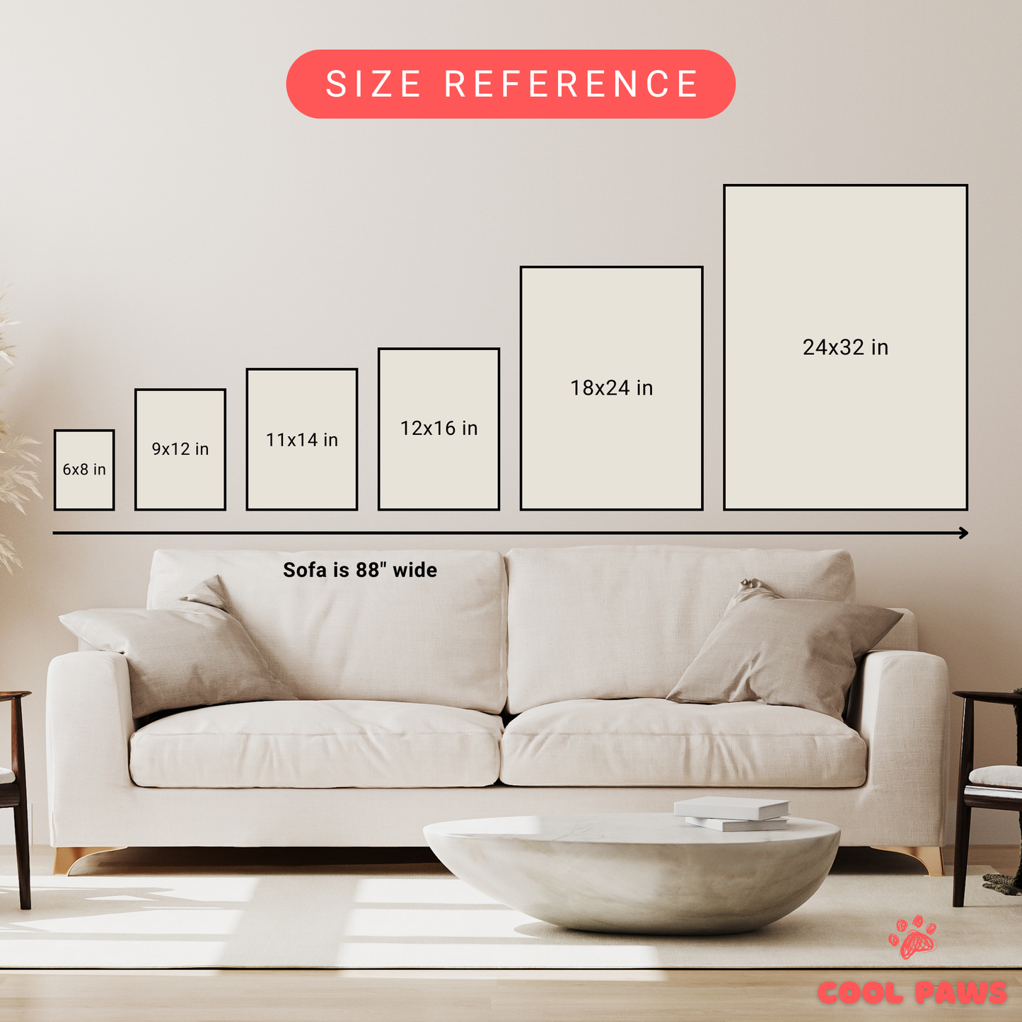 a series of framed artworks or photographs of varying sizes, arranged on a wall next to a large sofa.