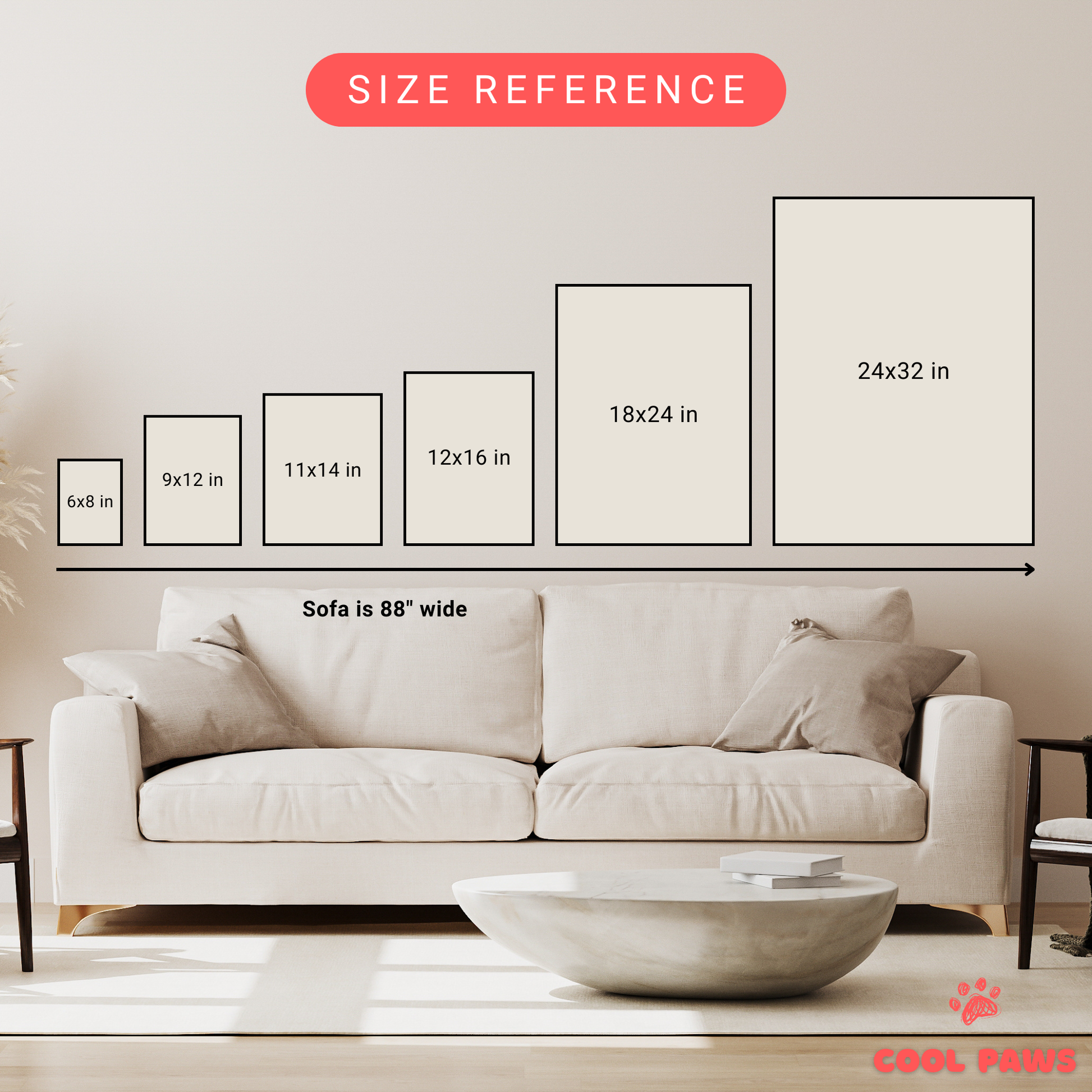 a series of framed artworks or photographs of varying sizes, arranged on a wall next to a large sofa.