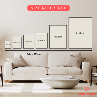 a series of framed artworks or photographs of varying sizes, arranged on a wall next to a large sofa.