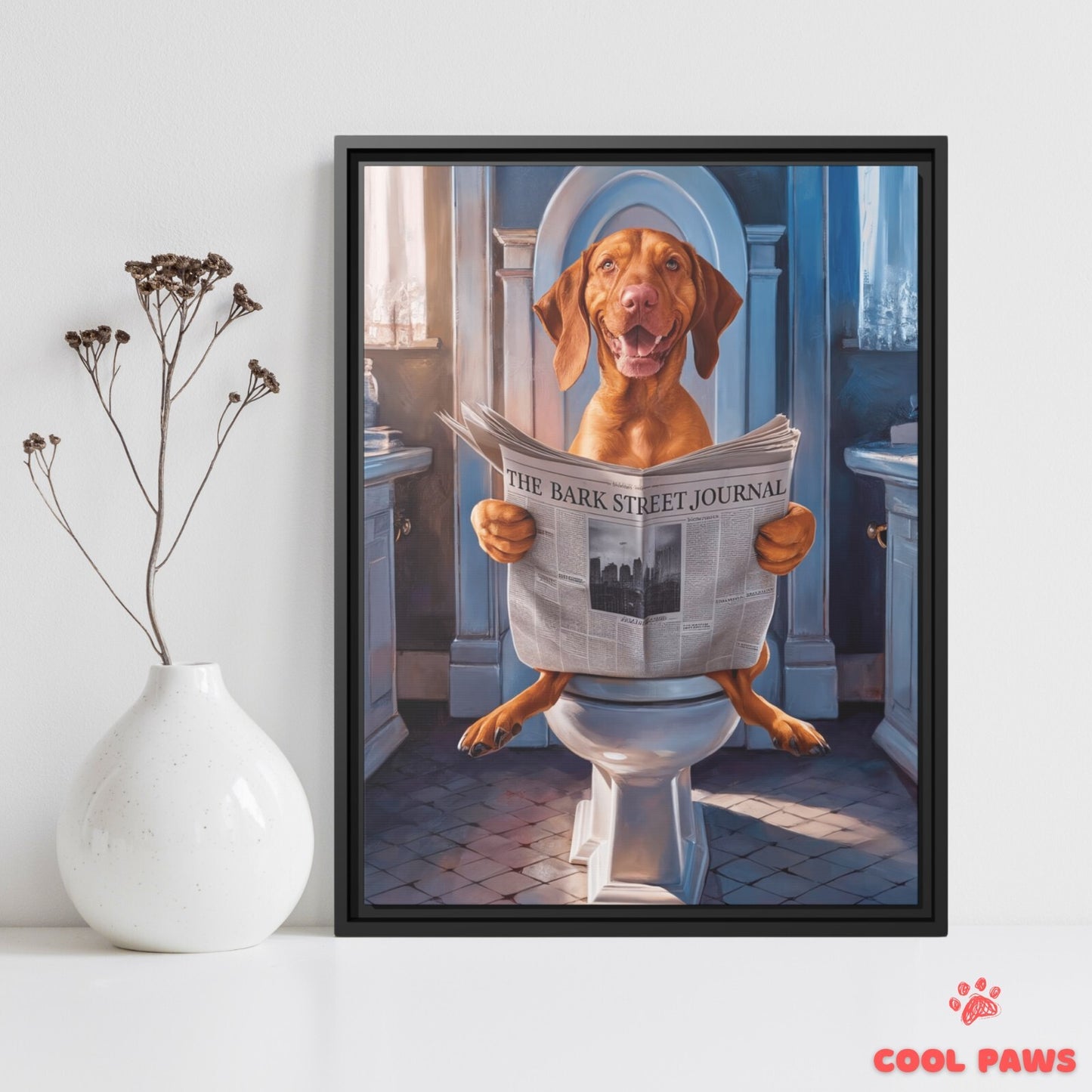 Vizsla Reading the Newspaper on the Toilet